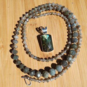 Jay King DTR  Sterling Silver Labradorite Faceted Pendant 36" Beaded Necklace